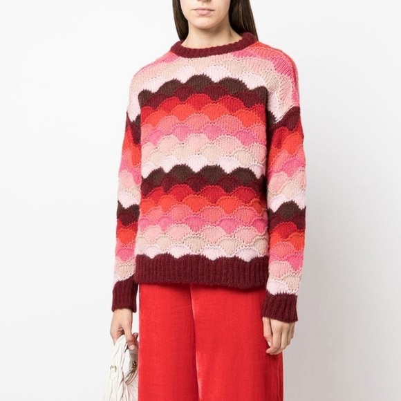 THML Textured Chunky Knit Striped Puffy Crewneck Sweater Red Pink - Picture 7 of 14